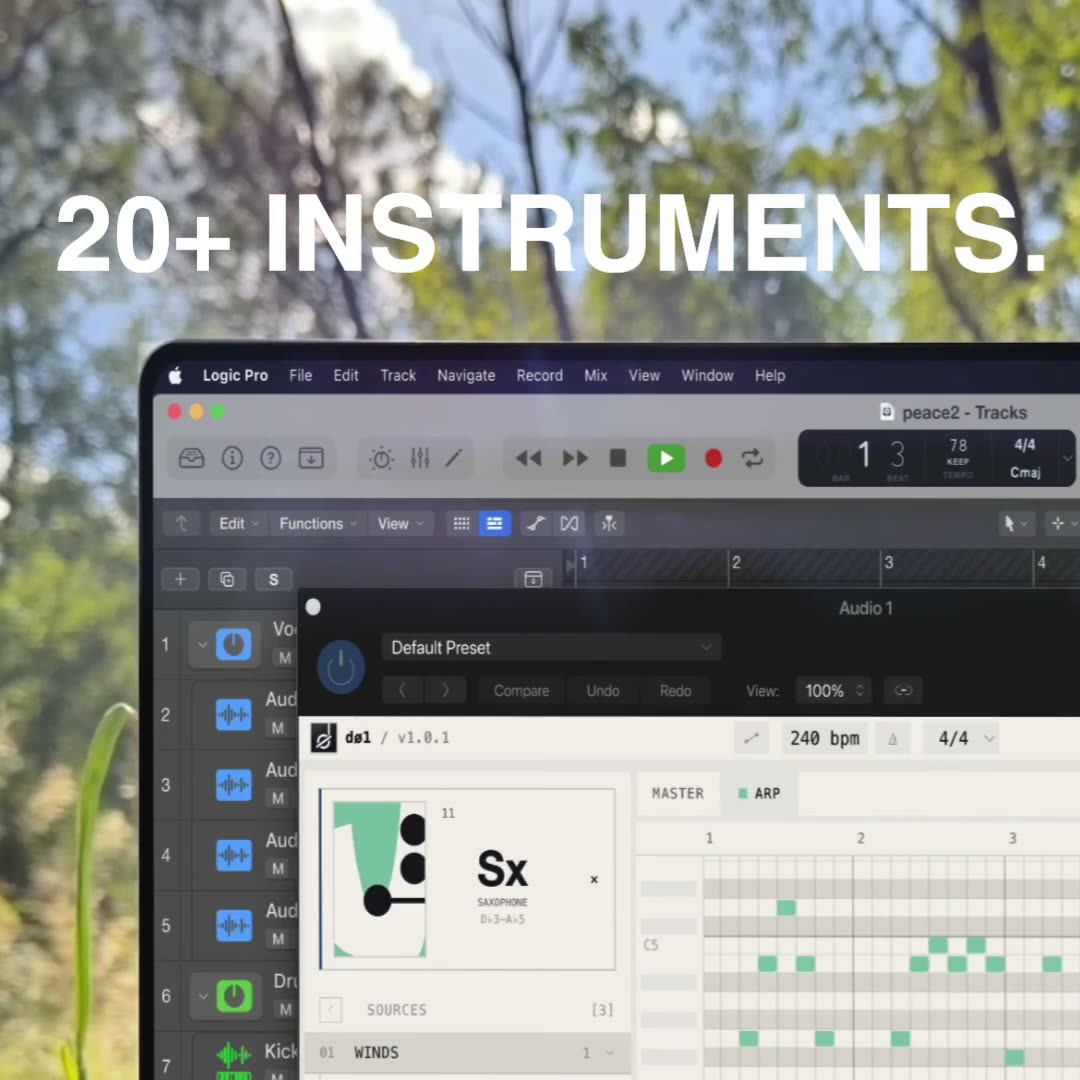 d&oslash;1 open as a plugin over Logic Pro, on the forest floor